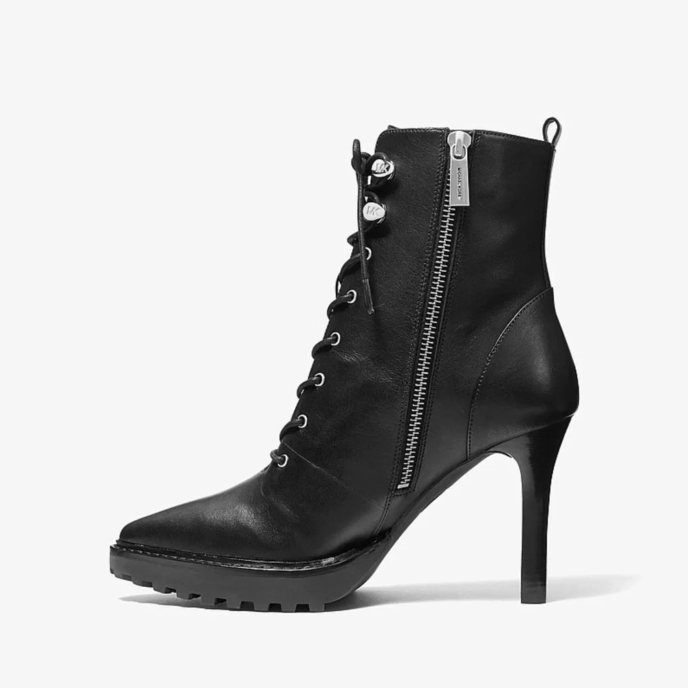 $295 NWOT Michael Kors Black Leather Kyle Lace-up Pointed Toe Edgy Ankle Boots 7